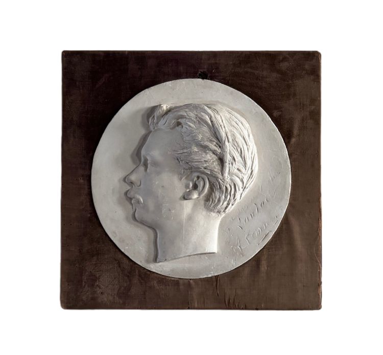 Plaster bas-relief of a man with a mustache from the 19th century, velvet frame