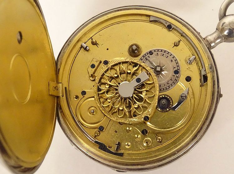 Taschenuhr mit Schlagwerk Massivsilber Hahnwerk Vieillard XIX.