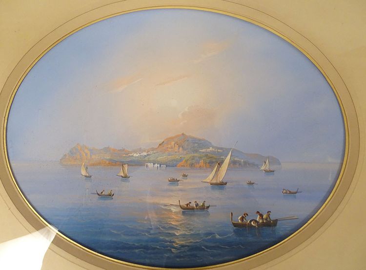 Coppia di gouaches napoletane paesaggi baia di Napoli Vesuvio pescatori Italia XIX secolo