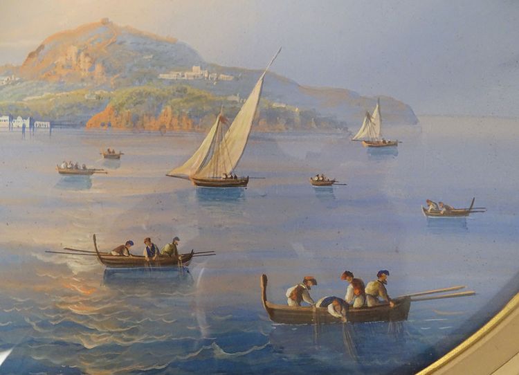 Coppia di gouaches napoletane paesaggi baia di Napoli Vesuvio pescatori Italia XIX secolo
