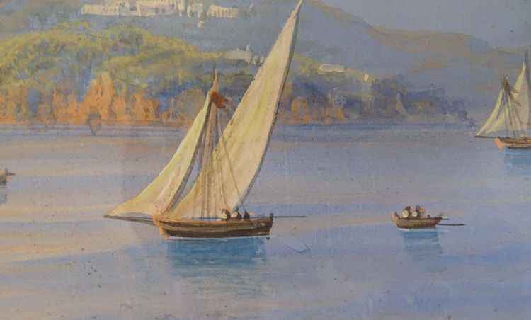 Coppia di gouaches napoletane paesaggi baia di Napoli Vesuvio pescatori Italia XIX secolo