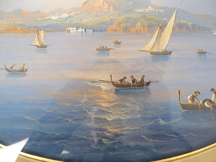 Coppia di gouaches napoletane paesaggi baia di Napoli Vesuvio pescatori Italia XIX secolo