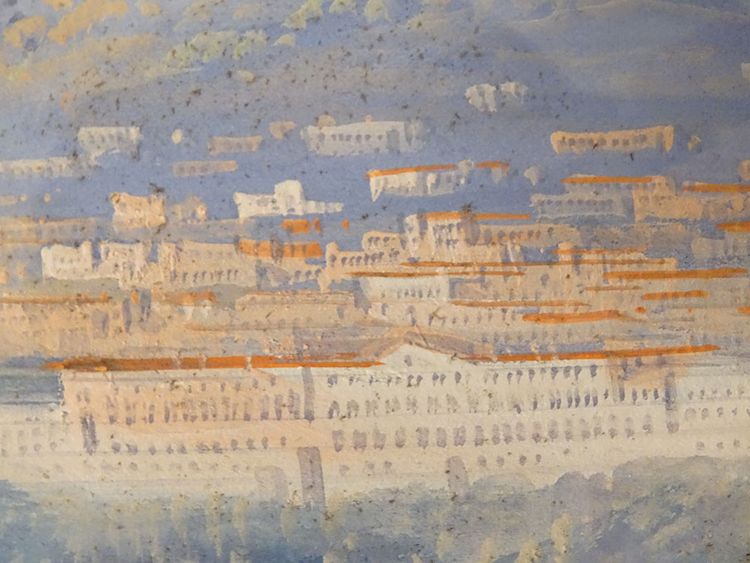Coppia di gouaches napoletane paesaggi baia di Napoli Vesuvio pescatori Italia XIX secolo