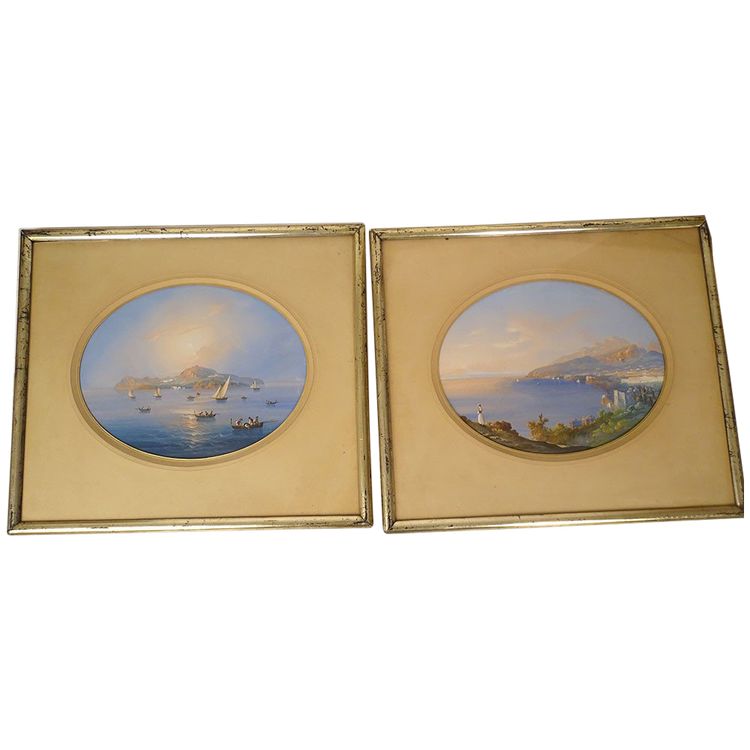 Coppia di gouaches napoletane paesaggi baia di Napoli Vesuvio pescatori Italia XIX secolo