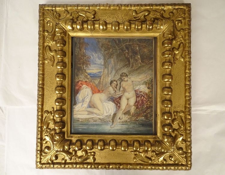 Paar Aquarelle Emile Lessore nackte Frauen badende Najaden Sèvres XIX.