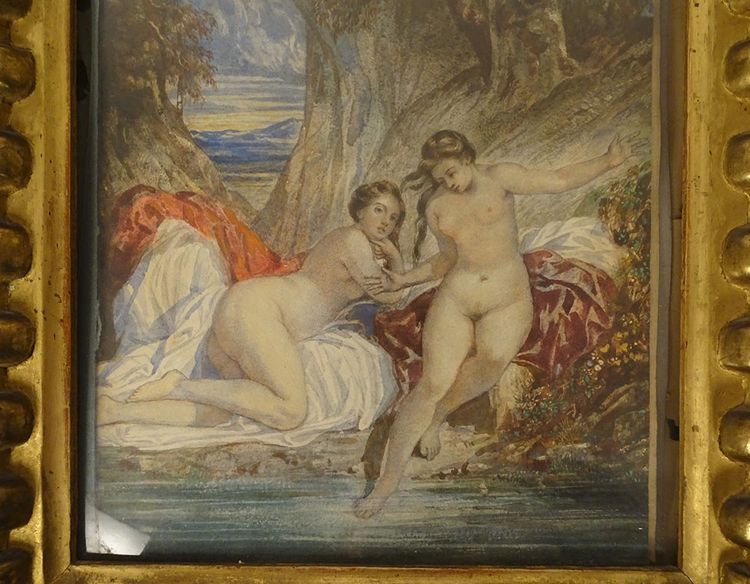 Paar Aquarelle Emile Lessore nackte Frauen badende Najaden Sèvres XIX.