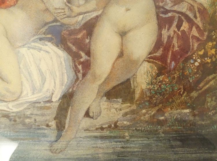 Paar Aquarelle Emile Lessore nackte Frauen badende Najaden Sèvres XIX.