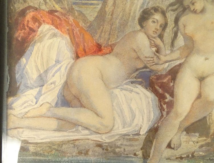 Paar Aquarelle Emile Lessore nackte Frauen badende Najaden Sèvres XIX.