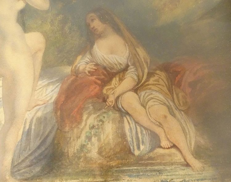 Paar Aquarelle Emile Lessore nackte Frauen badende Najaden Sèvres XIX.