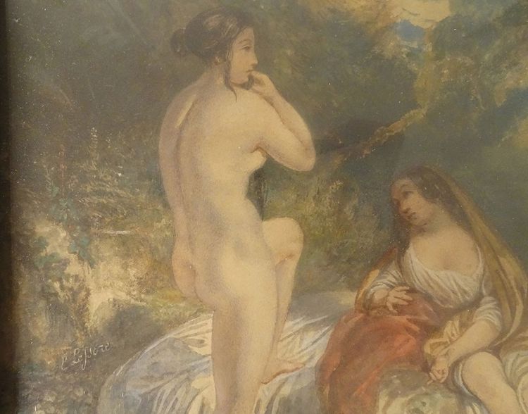 Paar Aquarelle Emile Lessore nackte Frauen badende Najaden Sèvres XIX.