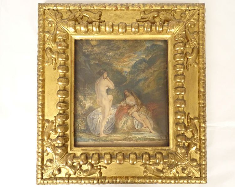 Paar Aquarelle Emile Lessore nackte Frauen badende Najaden Sèvres XIX.