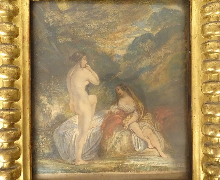 Paar Aquarelle Emile Lessore nackte Frauen badende Najaden Sèvres XIX.