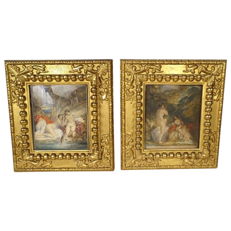 Paar Aquarelle Emile Lessore nackte Frauen badende Najaden Sèvres XIX.