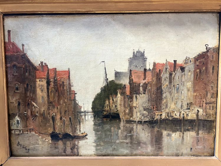 Oil on canvas "Vue de la ville sur le canal" by Franck BOGGS XIX century