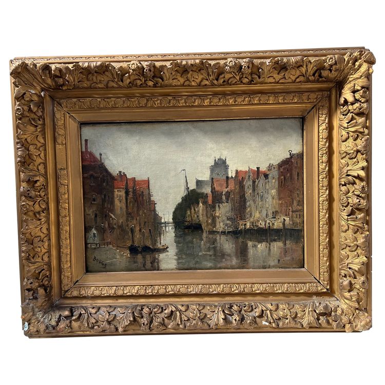 Oil on canvas "Vue de la ville sur le canal" by Franck BOGGS XIX century