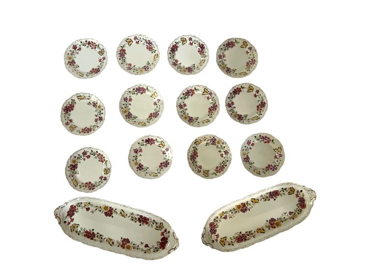 Set di 12 piatti da dessert e 2 piatti grandi - Porcelaine Zsolnay Pécs - Farfalla con disegno floreale