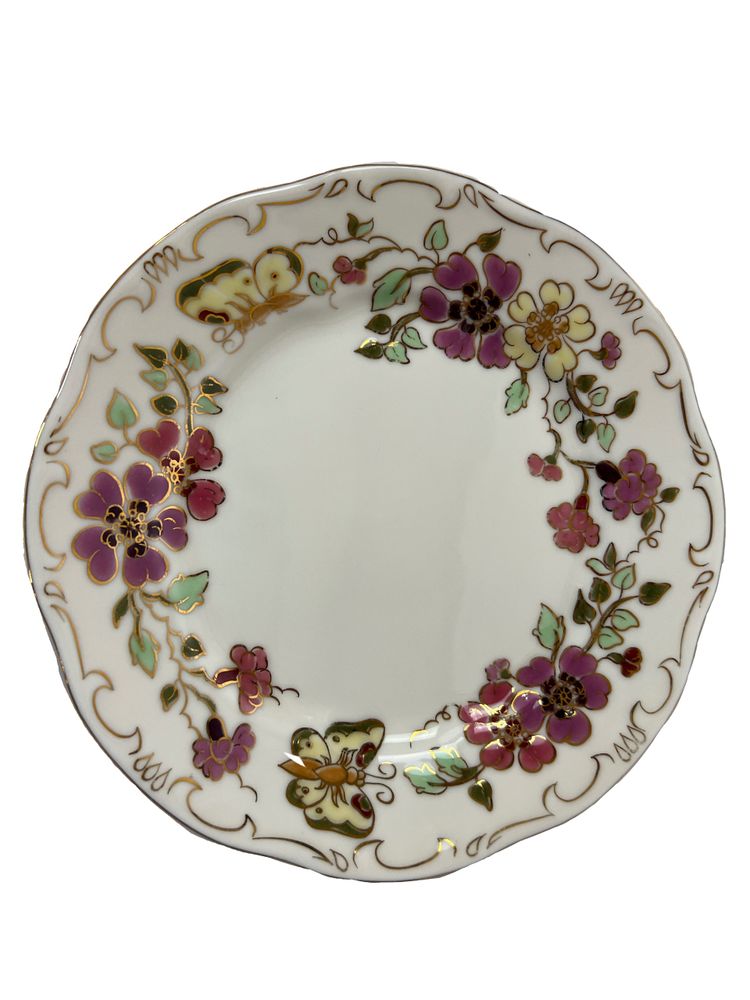 Set di 12 piatti da dessert e 2 piatti grandi - Porcelaine Zsolnay Pécs - Farfalla con disegno floreale