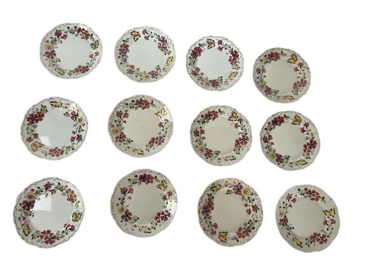 Set di 12 piatti da dessert e 2 piatti grandi - Porcelaine Zsolnay Pécs - Farfalla con disegno floreale