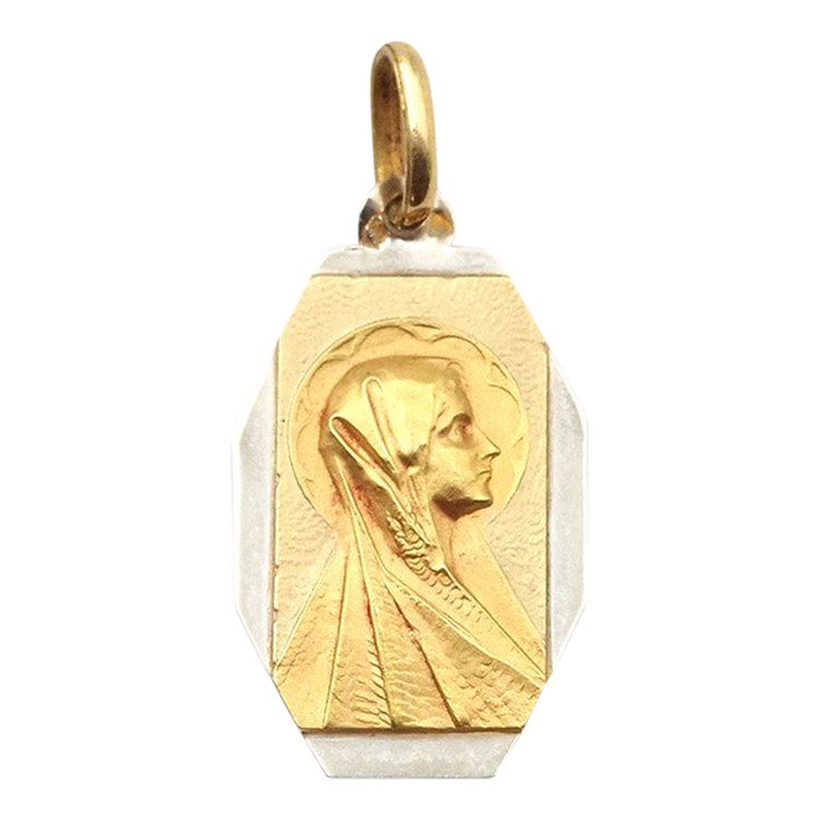 Pendentif Art Deco Vierge Marie en or 18 karats et platine, médaille religieuse, medaille Art deco