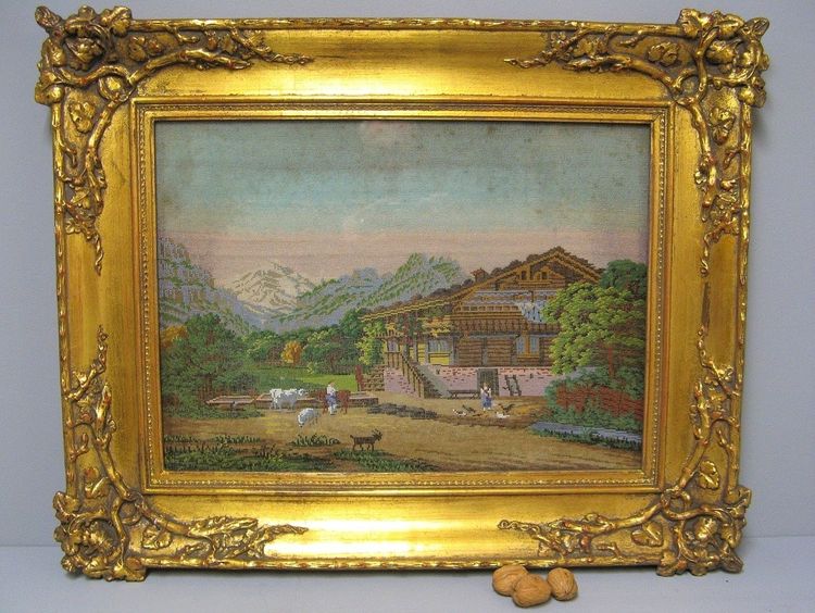 Tableau En Broderie En Perles De Verre XIXe.