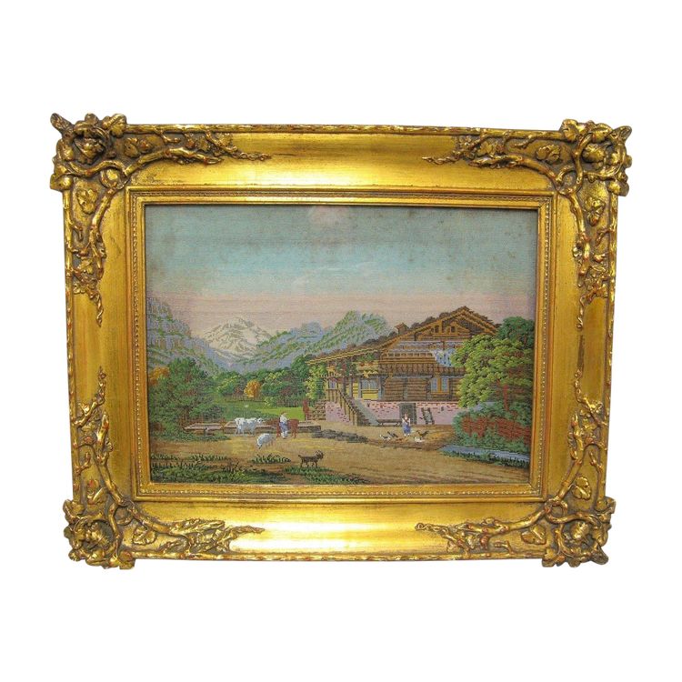 Tableau En Broderie En Perles De Verre XIXe.