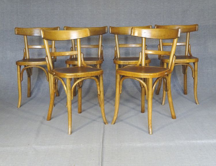 Set von 6 Bistrostühlen FISCHEL Frankreich 1932- Seltene Holzsitze- No Thonet, No Baumann