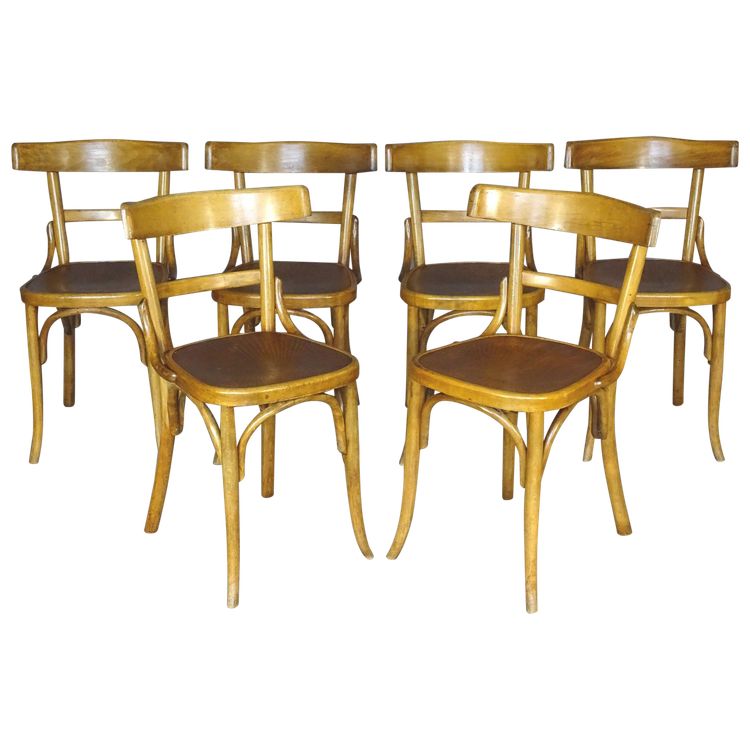 Set von 6 Bistrostühlen FISCHEL Frankreich 1932- Seltene Holzsitze- No Thonet, No Baumann