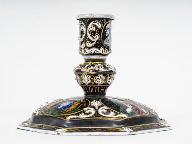 A Renaissance enamel candlestick, late 19th century