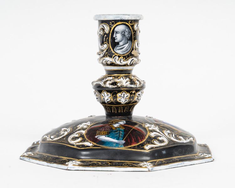 A Renaissance enamel candlestick, late 19th century
