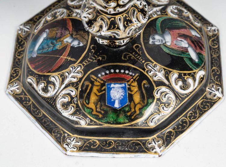 A Renaissance enamel candlestick, late 19th century