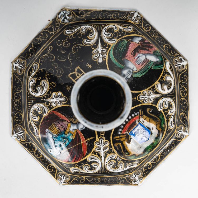 A Renaissance enamel candlestick, late 19th century