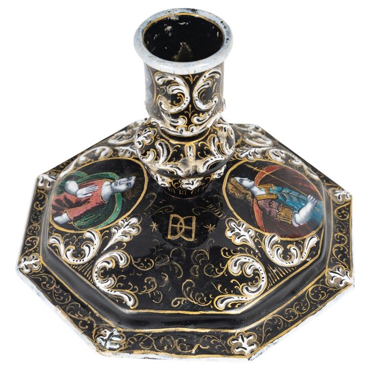 A Renaissance enamel candlestick, late 19th century