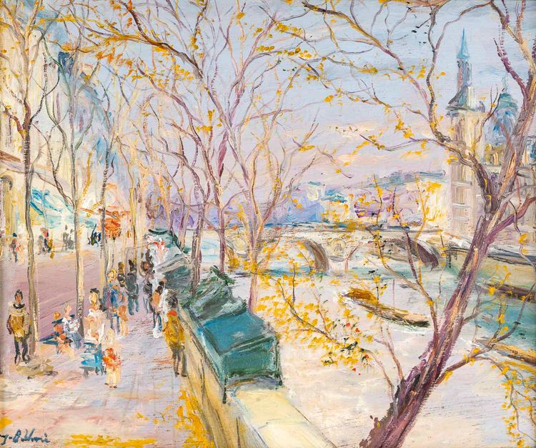 Serge Belloni (1925-2005) - Il Palazzo di Giustizia e i Bouquinistes olio su tavola 1990 ca.