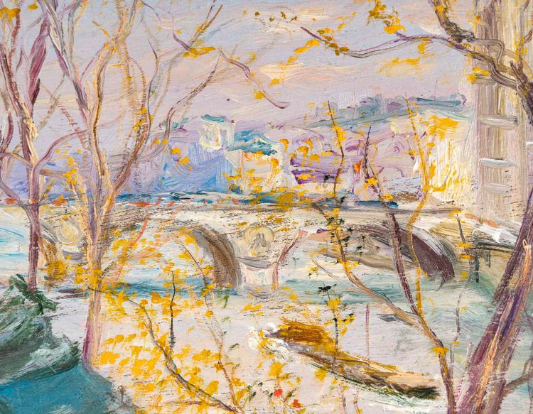 Serge Belloni (1925-2005) - Il Palazzo di Giustizia e i Bouquinistes olio su tavola 1990 ca.