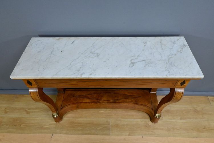Consolle in radica di noce, periodo di restauro - Inizio XIX secolo