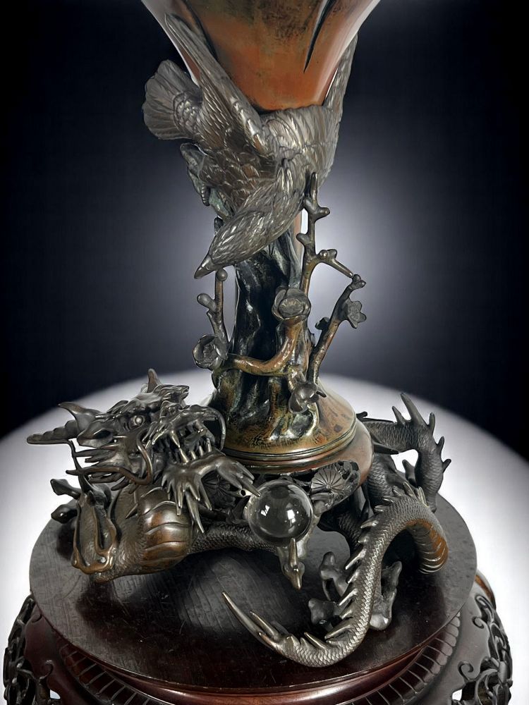 TAKAHASHI RYOUN, JAPANESE BRONZE VASES WITH DRAGONS AND BIRDS, MEIJI PERIOD