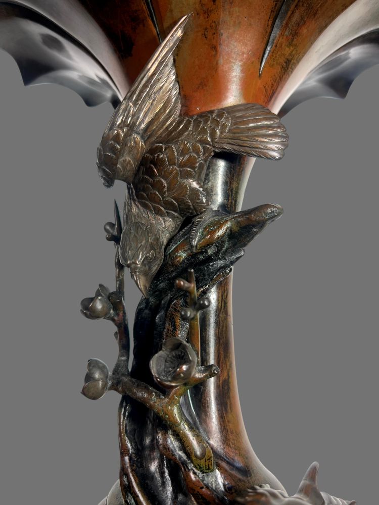 TAKAHASHI RYOUN, JAPANESE BRONZE VASES WITH DRAGONS AND BIRDS, MEIJI PERIOD