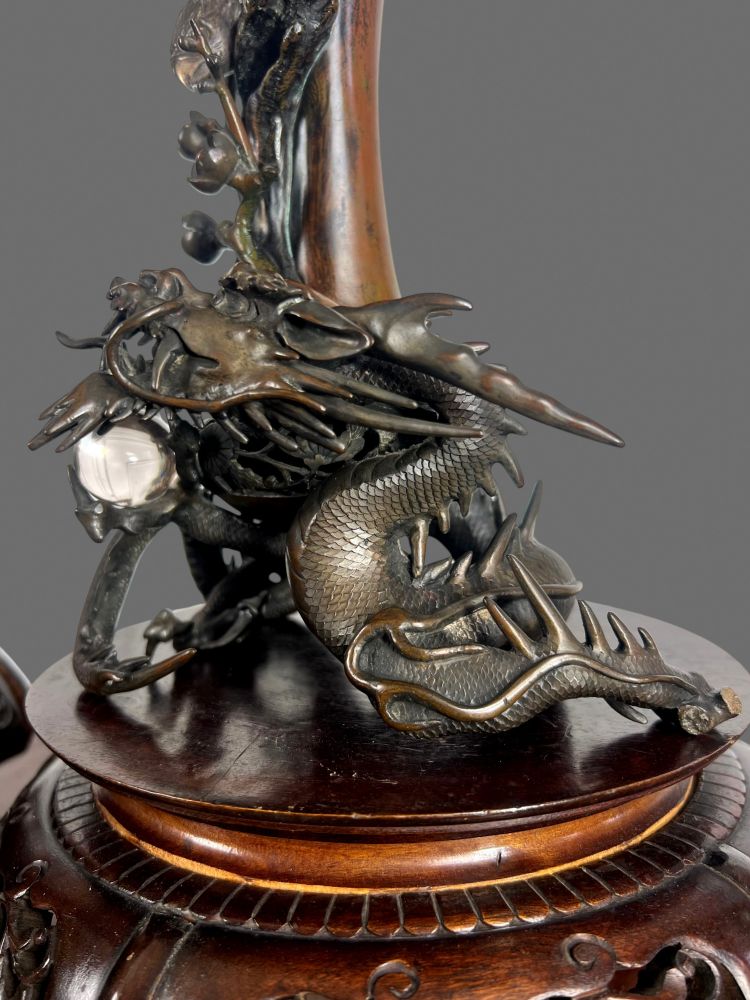 TAKAHASHI RYOUN, JAPANESE BRONZE VASES WITH DRAGONS AND BIRDS, MEIJI PERIOD