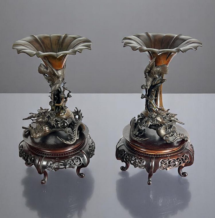 TAKAHASHI RYOUN, JAPANESE BRONZE VASES WITH DRAGONS AND BIRDS, MEIJI PERIOD