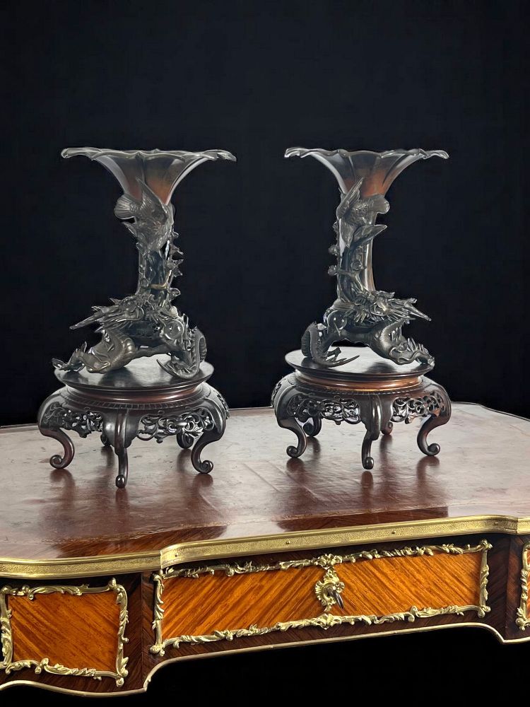 TAKAHASHI RYOUN, JAPANESE BRONZE VASES WITH DRAGONS AND BIRDS, MEIJI PERIOD