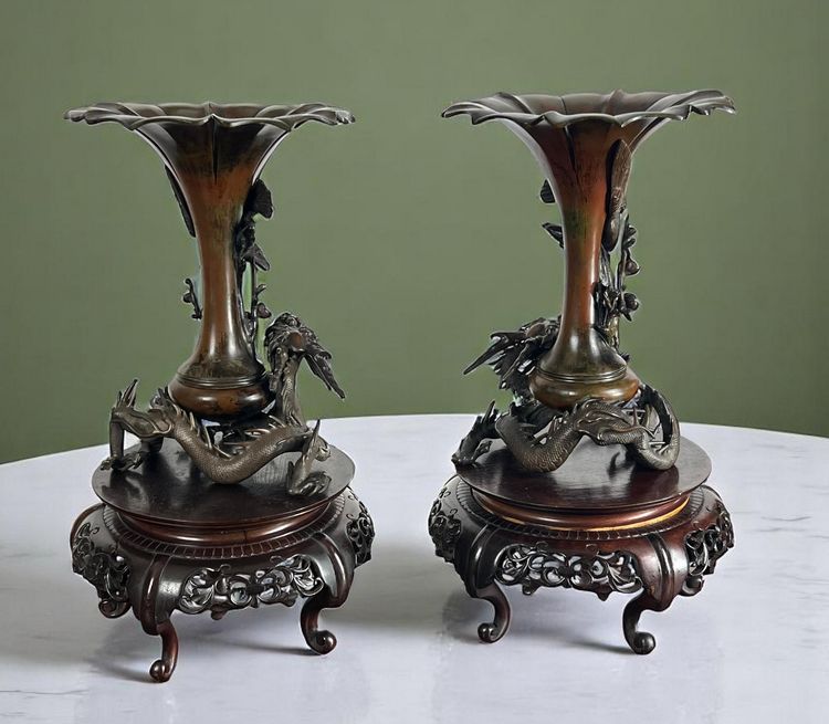 TAKAHASHI RYOUN, JAPANESE BRONZE VASES WITH DRAGONS AND BIRDS, MEIJI PERIOD