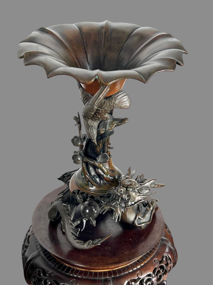 TAKAHASHI RYOUN, JAPANESE BRONZE VASES WITH DRAGONS AND BIRDS, MEIJI PERIOD