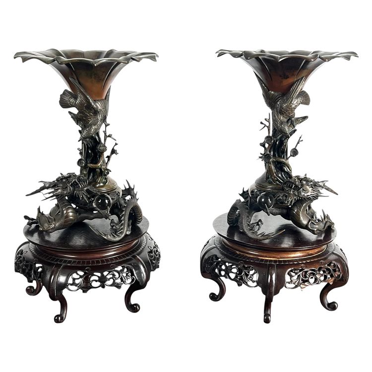 TAKAHASHI RYOUN, JAPANESE BRONZE VASES WITH DRAGONS AND BIRDS, MEIJI PERIOD