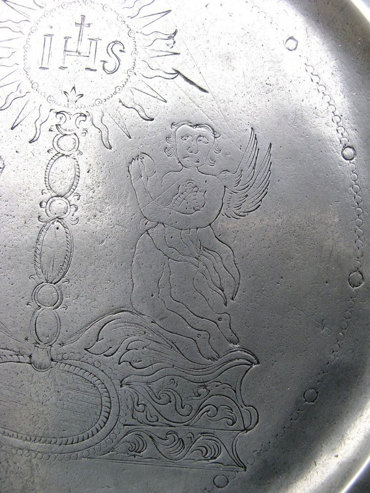 Large 18th Century Pewter Religious Art Dish.