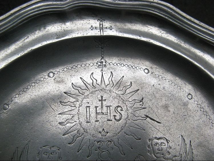 Large 18th Century Pewter Religious Art Dish.