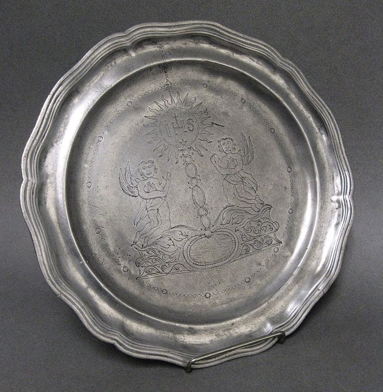 Large 18th Century Pewter Religious Art Dish.