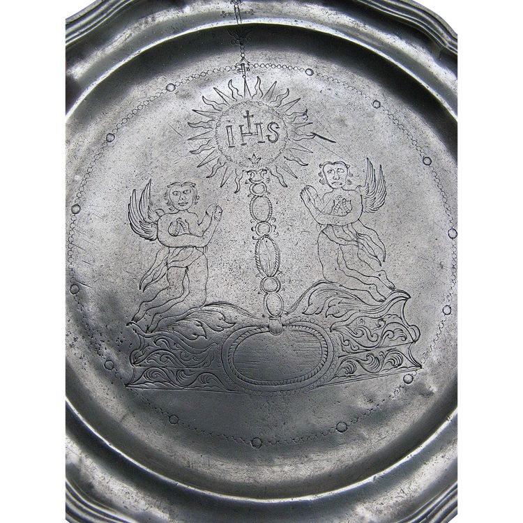 Large 18th Century Pewter Religious Art Dish.