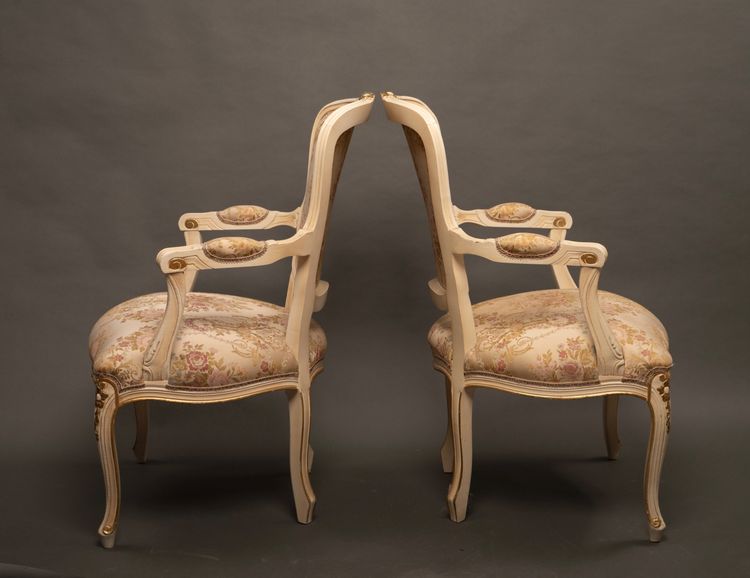 Pair of Louis XV Style Armchairs, Carved Wood and Brocade Fabric - 20th Century
