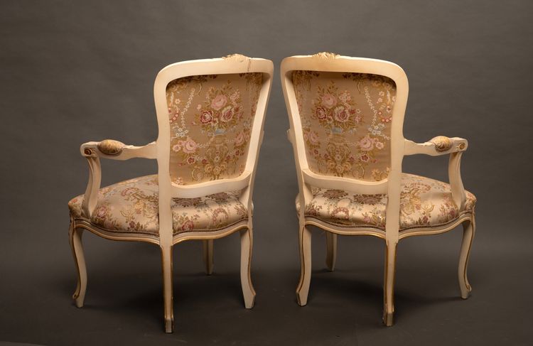 Pair of Louis XV Style Armchairs, Carved Wood and Brocade Fabric - 20th Century