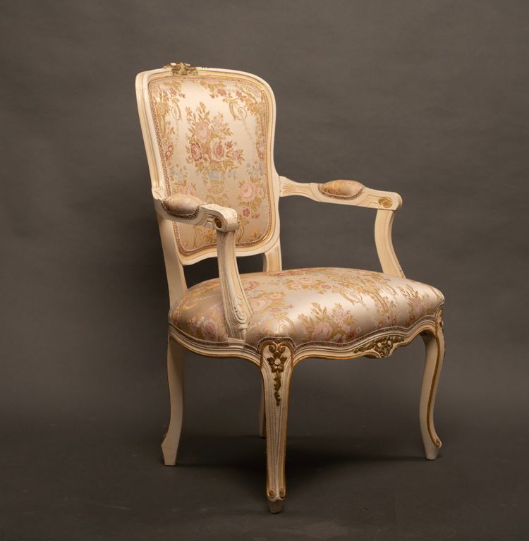 Pair of Louis XV Style Armchairs, Carved Wood and Brocade Fabric - 20th Century